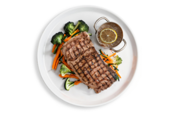 Chargrilled Grass Fed Rump With Salt, Pepper, Lemon Wedge, seasonal vegetables- 450 g