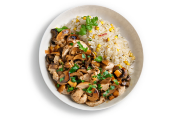 Oven Roasted Chicken With Mushroom Sauce, basmati rice & seasonal vegetables- 350 g